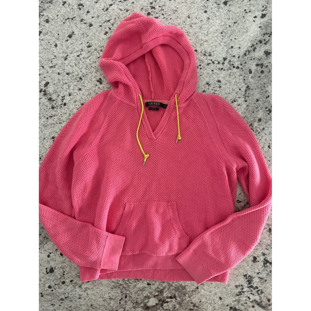 LAUREN Ralph Lauren Pink Open Knit Pullover Hoodie Sweater V-Neck Active XL
